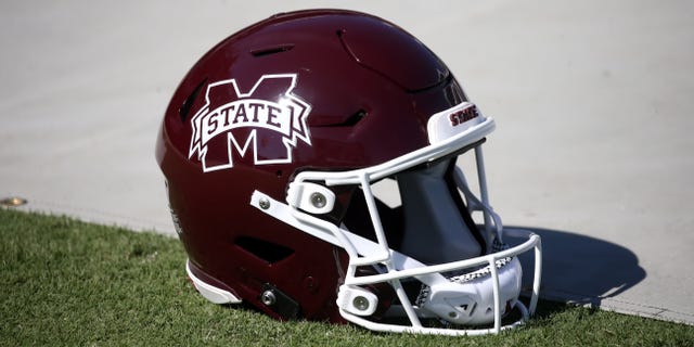 A Mississippi State Bulldogs helmet is shown during a game against the Arkansas Razorbacks at Wade Davis Stadium in Starkville, Mississippi, on Oct. 8, 2022.