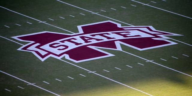 A general view of the Mississippi State Bulldogs logo is painted at midfield for the game between the Mississippi State Bulldogs and the Arkansas Razorbacks on October 8, 2022 at Wade Davis Stadium in Starkville, Mississippi.