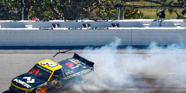 Jordan Anderson, driver of the No. 3 Dometic Outdoor Chevrolet, spins after an on-track incident during the NASCAR Camping World Truck Series Chevy Silverado 250 at Talladega Superspeedway Oct. 1, 2022, in Talladega, Ala.