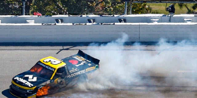 Jordan Anderson, driver of the No. 3 Dometic Outdoor Chevrolet, spins after an on-track incident during the NASCAR Camping World Truck Series Chevy Silverado 250 at Talladega Superspeedway Oct. 1, 2022, in Talladega, Ala.