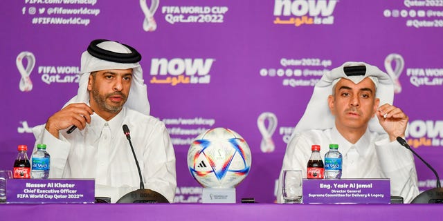 Qatar 2022 CEO Nasser Al Khater, left, and Yasir Al Jamal, Supreme Committee for Delivery and Legacy director general, attend a press conference on the FIFA World Cup Qatar 2022 in Doha, Oct. 17, 2022.