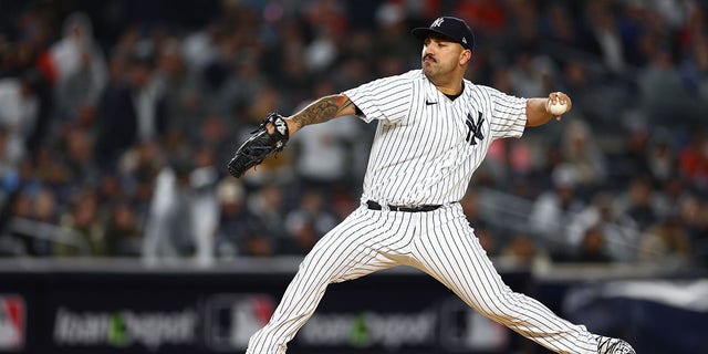 Nestor Cortes #65 of the New York Yankees delivers during the first inning against the Houston Astros in game four of the American League Championship Series at Yankee Stadium on October 23, 2022, in the Bronx borough of New York City.