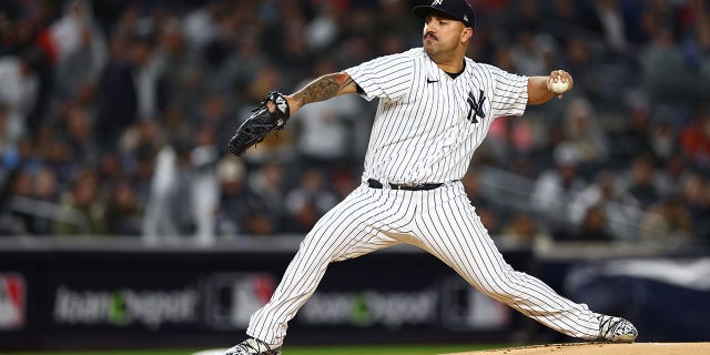 Nestor Cortes #65 of the New York Yankees delivers during the first inning against the Houston Astros in game four of the American League Championship Series at Yankee Stadium on October 23, 2022, in the Bronx borough of New York City.