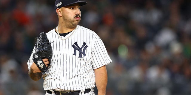 Nestor Cortes #65 of the New York Yankees reacts in the third inning against the Houston Astros in game four of the American League Championship Series at Yankee Stadium on October 23, 2022, in the Bronx borough of New York City.
