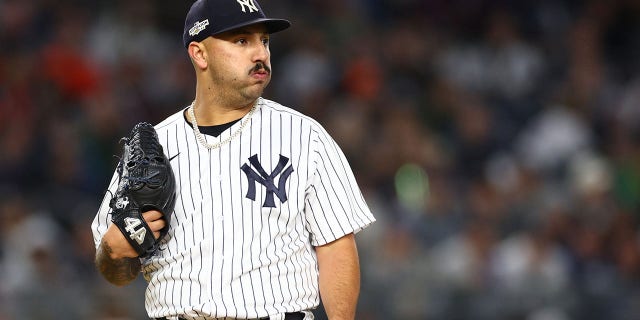 Nestor Cortes #65 of the New York Yankees reacts in the third inning against the Houston Astros in game four of the American League Championship Series at Yankee Stadium on October 23, 2022, in the Bronx borough of New York City.