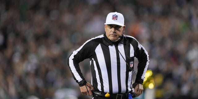Referee John Hussey, 35, looks on during the game between the Dallas Cowboys and the Philadelphia Eagles on October 16, 2022, at Lincoln Financial Stadium in Philadelphia, Pennsylvania.