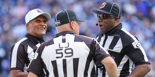 Referee Jerome Boger, left, line judge Rusty Baynes (59) and umpire Barry Anderson are seen during the Indianapolis Colts and Jacksonville Jaguars game at Lucas Oil Stadium on Oct. 16, 2022, in Indianapolis.