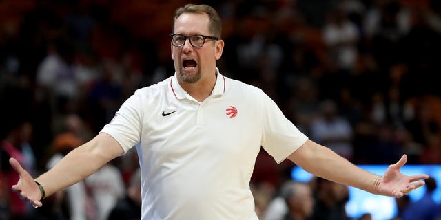 Head coach of the Toronto Raptors Nick Nurse reacts during the fourth quarter against the Miami Heat at FTX Arena on October 22, 2022 in Miami, Florida.