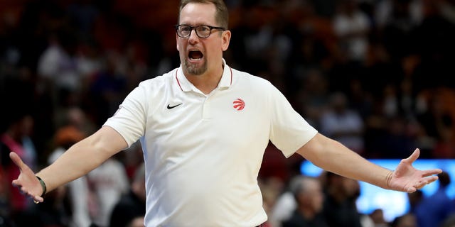 Head coach of the Toronto Raptors Nick Nurse reacts during the fourth quarter against the Miami Heat at FTX Arena on October 22, 2022 in Miami, Florida.