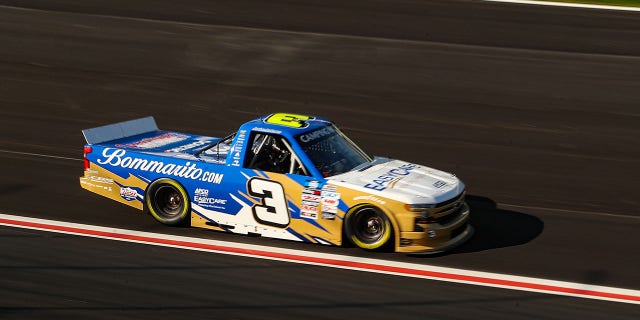 Jordan Anderson, driver of the No. 3 EasyCare/Bommarito.com Chevrolet, drives during practice for the NASCAR Camping World Truck Series Fr8 208 at Atlanta Motor Speedway March 19, 2022, in Hampton, Ga.