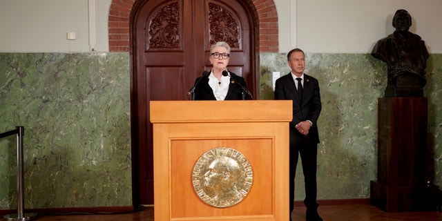 Nobel Committee Chairman Berit Rais Andersen announces this year's Peace Prize laureates at the Nobel Institute in Oslo, Norway, Friday, October 7, 2022.