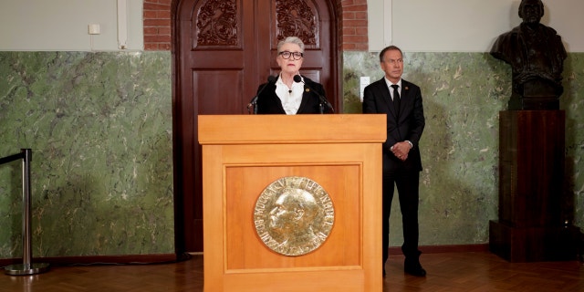 Berit Reiss-Andersen, head of the Nobel Committee, announces the winner of this year's Peace Prize at the Nobel Institute in Oslo, Norway on Friday 7 October 2022.