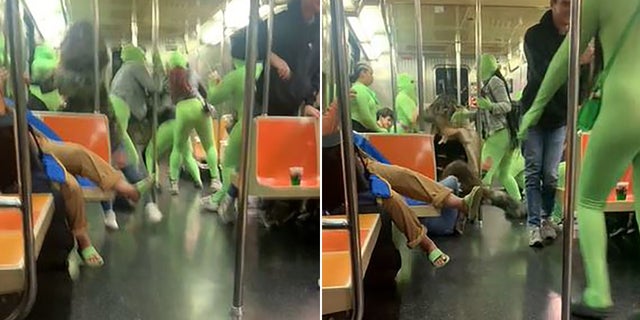 A group of six women wearing neon green bodysuits attacked two 19-year-old women aboard a New York City subway over the weekend.