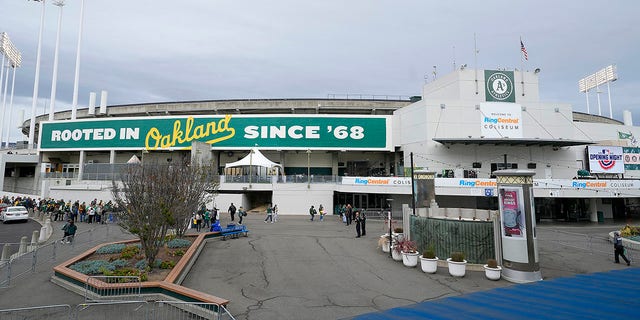 A general view of the outside of the stadium prior to the start of the home opener between the Baltimore Orioles and Oakland Athletics at RingCentral Coliseum on April 18, 2022, in Oakland, California. 