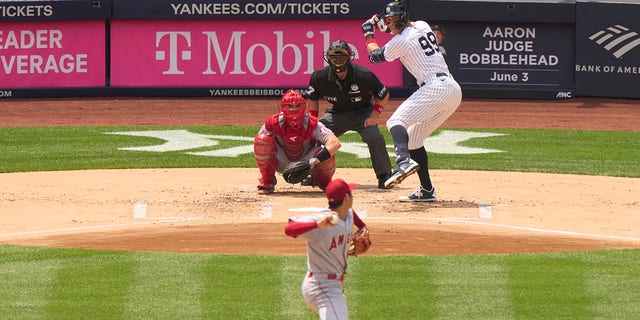The New York Yankees' Aaron Judge, #99, in action batting against Los Angeles Angels pitcher Shohei Ohtani, #17, at Yankee Stadium in New York, June 2, 2022.   