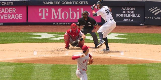 Aaron Judge, 99, of the New York Yankees takes on pitcher Shohei Ohtani, 17, of the Los Angeles Angels at Yankee Stadium in Bronx, NY on June 2, 2022.   