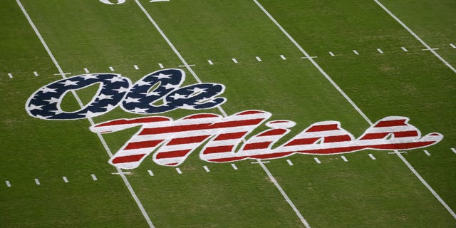 A general view of the Ole Miss logo before the game between the Ole Miss Rebels and the South Carolina Gamecocks on November 14, 2020, at Vaught-Hemingway Stadium in Oxford, MS.