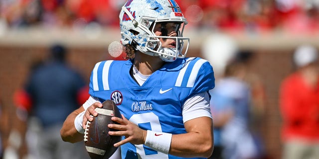 Ole Miss quarterback Jaxson Dart (2) in action against the Kentucky Wildcats at Vaught-Hemingway Stadium in Oxford, Miss.
