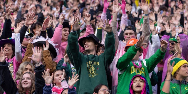 Oregon Ducks fans sing "Shout" against the UCLA Bruins during the second half at Autzen Stadium on Oct. 22, 2022, in Eugene, Oregon.