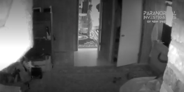 The PI-NE team said that the figure shown in the video — shown here, standing in front of a chair — is actually an apparition.