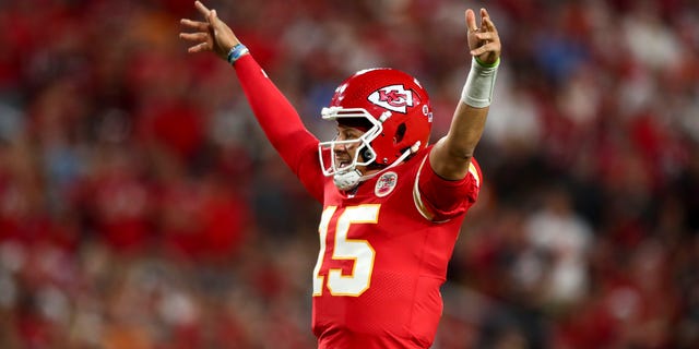 Patrick Mahomes #15 of the Kansas City Chiefs celebrates after a touchdown during an NFL football game against the Tampa Bay Buccaneers at Raymond James Stadium on October 2, 2022 in Tampa, Florida.