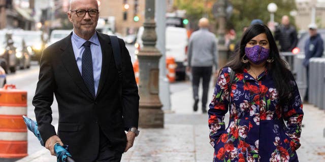 Paul Haggis (left) and his defense attorney Priya Chaudry (right) arrive at New York Supreme Court ahead of Haggis' sexual assault case.