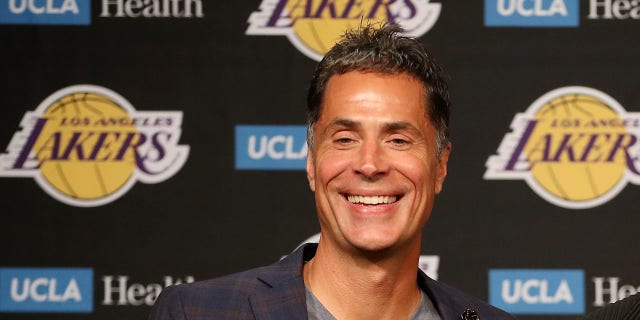 General manager Rob Pelinka, Russell Westbrook #0 and head coach Frank Vogel of the Los Angeles Lakers pose for a picture during a press conference at Staples Center on August 10, 2021 in Los Angeles, California.