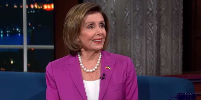 Pelosi feigned an apology about uttering President Trump's name to Stephen Colbert's audience.