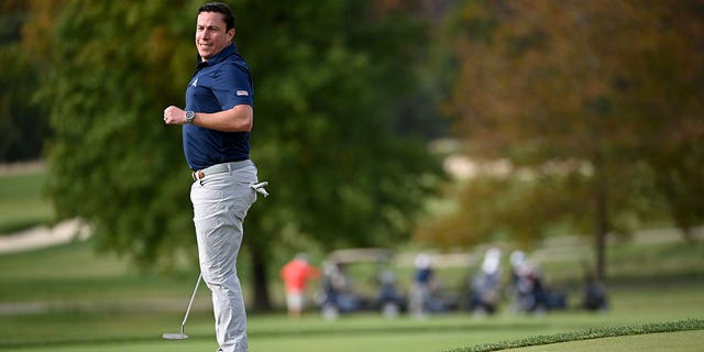 Army Veteran Chris Cordova reacts to his putt during a PGA Hope event at Congressional Country Club October 17, 2022 in Bethesda, MD.