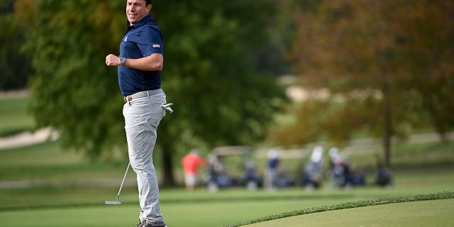 Army Veteran Chris Cordova reacts to his putt during a PGA Hope event at Congressional Country Club October 17, 2022 in Bethesda, MD.