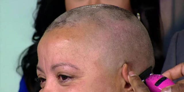 Savannah Brown's great aunt shaves her head live on TV to help girl fight alopecia.
