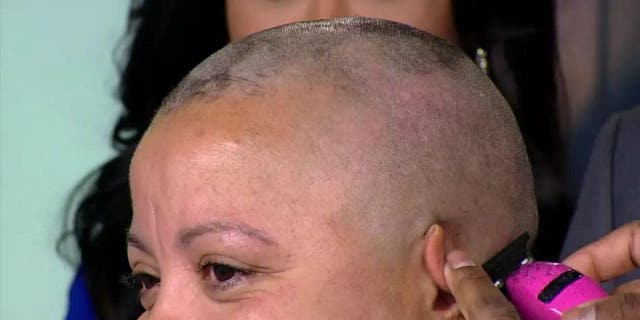 Savannah Brown's great aunt shaves her head live on TV to help girl fight alopecia.