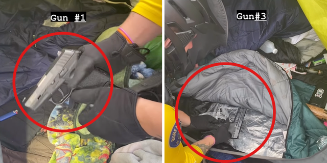 Two photos showing police recovering loaded guns from a convicted felon's tent in Portland, Oregon. 