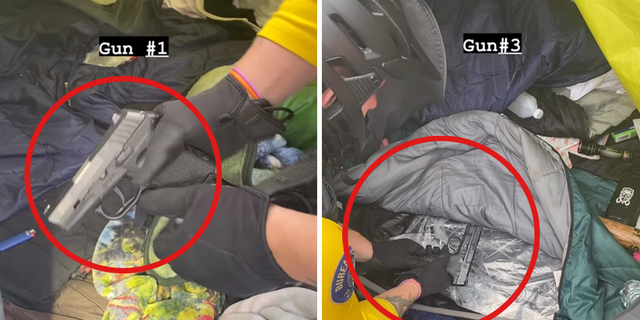 Two photos showing police recovering loaded guns from a convicted felon's tent in Portland, Oregon.