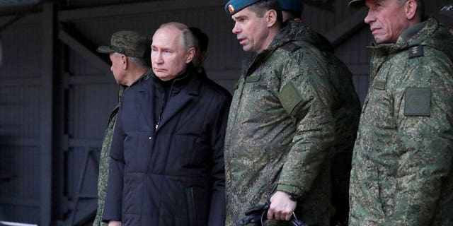 Russian President Vladimir Putin inspects a training ground in the Ryazan region for recruits who were summoned into military service under a partial mobilization, in Ryazan, Russia on Oct. 20, 2022. Putin checked the readiness of those going to the combat zone and issues of forming new units, said a statement. 