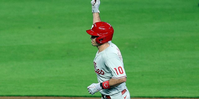 J.T. Realmuto #10 of the Philadelphia Phillies rounds the bases after hitting a home run in the 10th inning against the Houston Astros in Game One of the 2022 World Series at Minute Maid Park on October 28, 2022 in Houston, Texas.