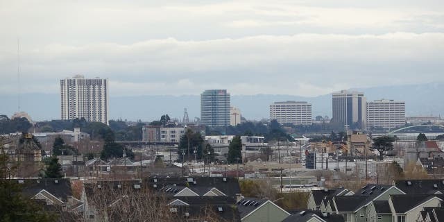 Urban skyline of Oakland, California on an overcast day, January 8, 2019.