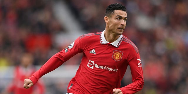 Manchester United striker Cristiano Ronaldo in action during a Premier League match against Newcastle United at Old Trafford on October 15, 2022 in Manchester, England.