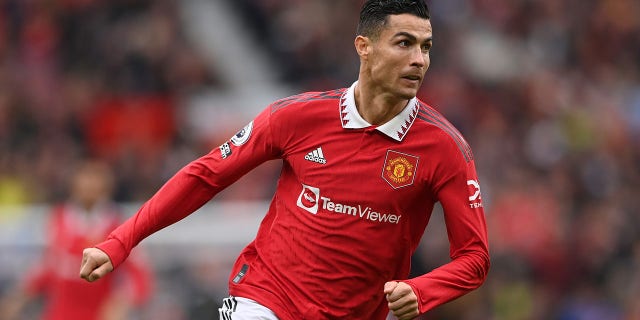 Manchester United striker Cristiano Ronaldo in action during a Premier League match against Newcastle United at Old Trafford on October 15, 2022 in Manchester, England.