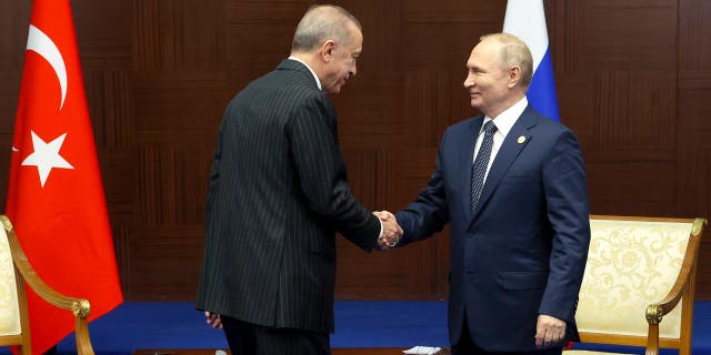Russian President Vladimir Putin meets with Turkish President Recep Tayyip Erdogan in Astana, Kazakhstan, on Oct. 13, 2022.