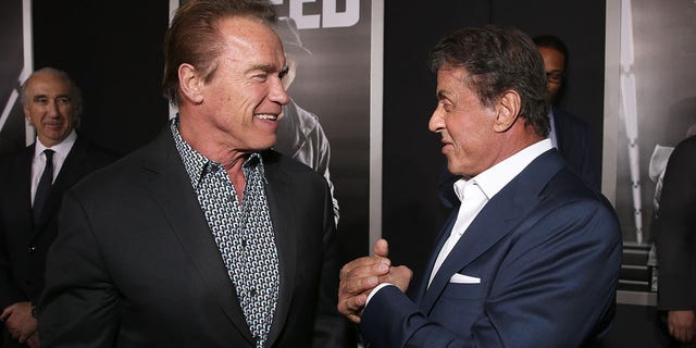 Arnold Schwarzenegger and Producer Sylvester Stallone attend the premiere of Warner Bros. Pictures' "Creed" at Regency Village Theater on November 19, 2015 in Westwood, California.  