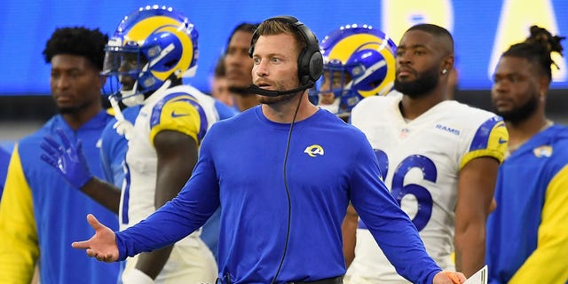 Head coach Sean McVay of the Los Angeles Rams reacts during a game against the Buffalo Bills at SoFi Stadium Sept, 8, 2022, in Inglewood, Calif.