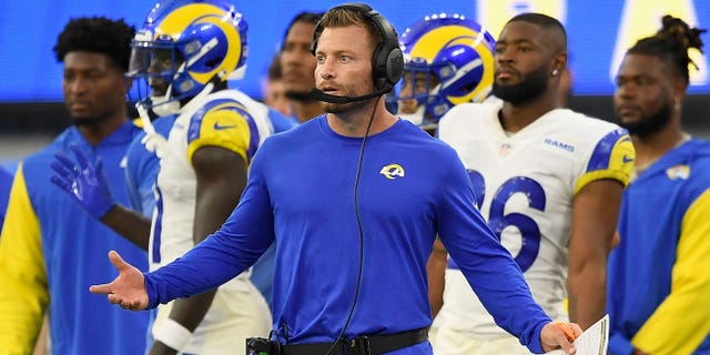 Head coach Sean McVay of the Los Angeles Rams reacts during a game against the Buffalo Bills at SoFi Stadium Sept, 8, 2022, in Inglewood, Calif.