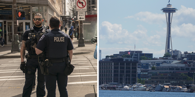 Right, a view of the Seattle skyline is seen from Lake Union before the NHL -Seattle Kraken expansion draft July 21, 2021, at Gas Works Park in Seattle. Left, a member of the Metropolitan Improvement District Downtown Ambassadors cleans near Seattle Police Department officers on patrol on Third Avenue in downtown Seattle on Thursday, March 24, 2022.  