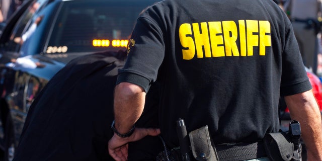 Rear view of Deputy Sheriff behind patrol car 