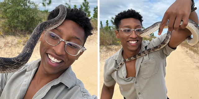 Christian Cave poses with the rare pine snake he spotted after looking for this type of snake for weeks.