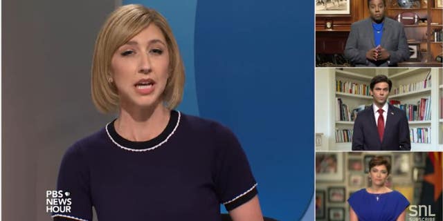 Heidi Gardner as PBS "Newshour"'s Judy Woodruff, left, with Kenan Thompson as Herschel Walker, top right, Mikey Day as Dr. Mehmet Oz, middle right, and Celily Strong as Kari Lake in Saturday's cold open.