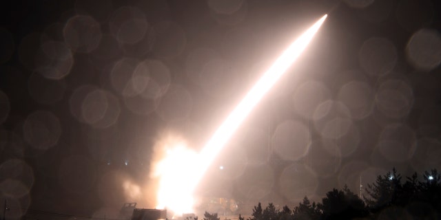 An army tactical missile system missile is launched during a joint US-South Korea military exercise at an unknown location in South Korea, October 5, 2022.