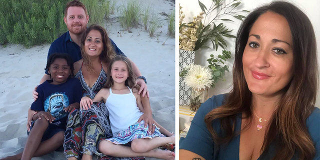One Simple Wish founder Danielle Gletow is shown on the right and with her family on left; she's shown with husband Joe and with daughters Mia and Lily. The girls are 15 and 14 today.