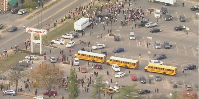 Students evacuate the Central Visual and Performing Arts high school in St. Louis, Missouri. (KTVI)